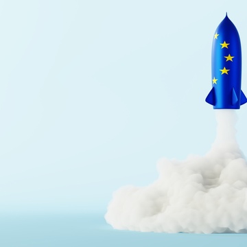 Illustration eines hellen Hintergrunds, vor dem eine Rakete in blau und mit gelben Sternen startet