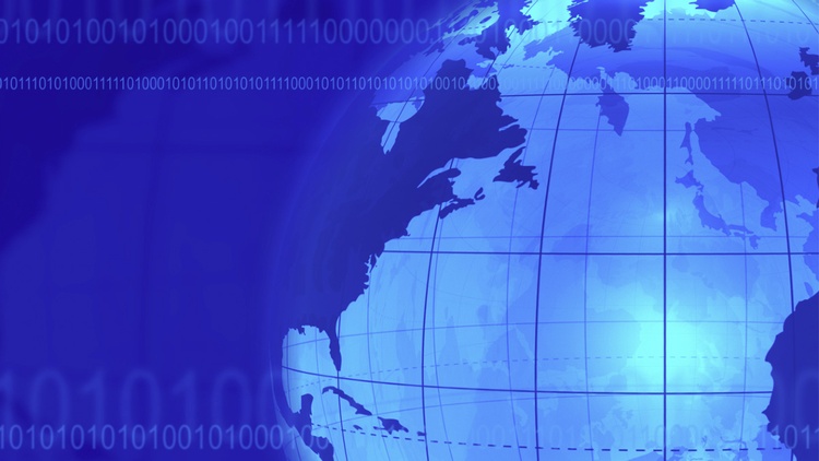 Grafik einer Weltkugel  mit Bändern aus Nullen und Einsen